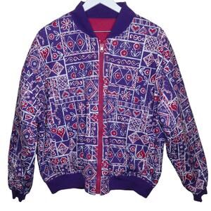 Y2K Cute Pink Purple Floral Hearts Reversible Bomber Jacket - Women's L